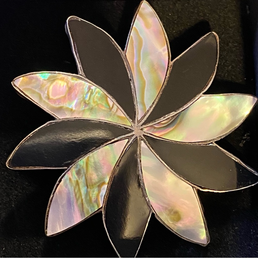 Vintage, onyx, and abalone brooch